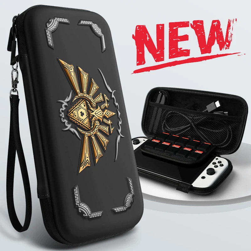 For Nintendo Switch/ Switch OLED Console Storage Bag Game Theme for Zelda Shekah Slate Waterproof Hard Case with 10 Card Slots