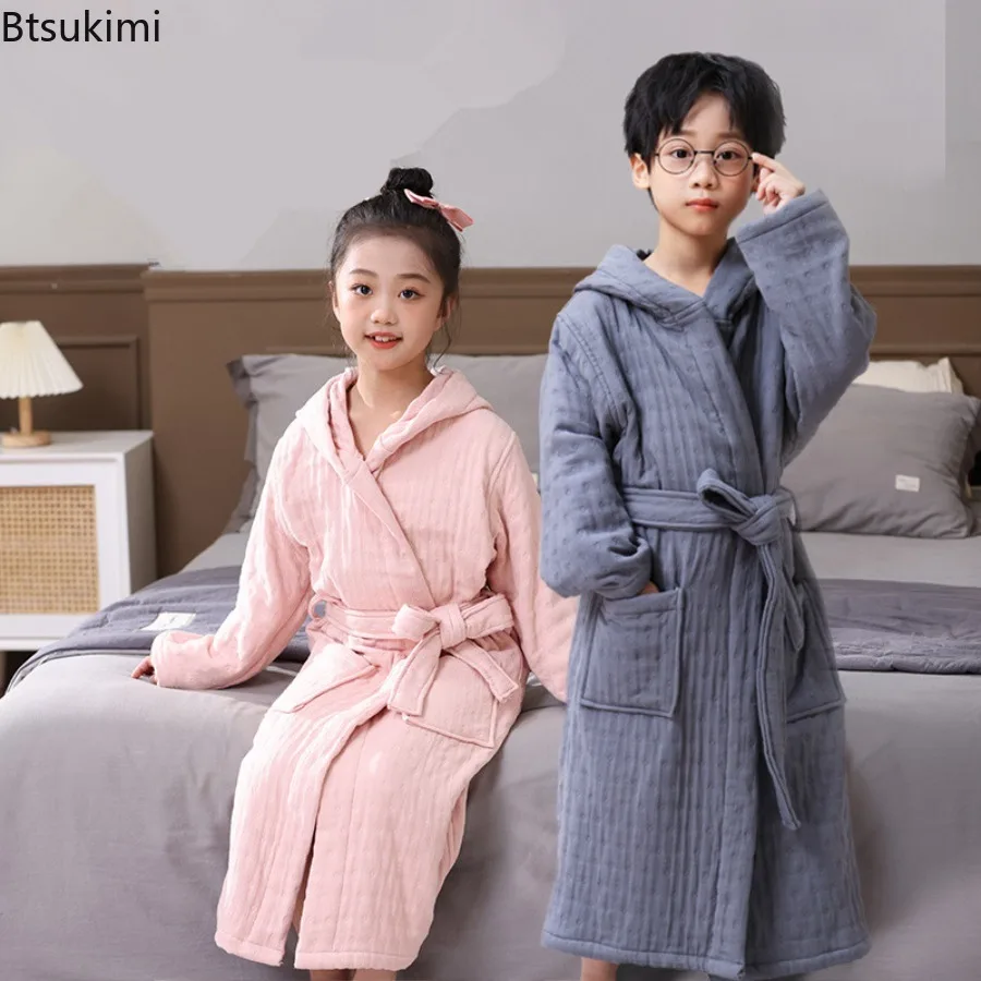 New 2026 Pure Cotton Children's Bathrobe Six Layers Thickened Yukata Home Clothes for Boys and Girls Pajamas Absorbent Nightgown