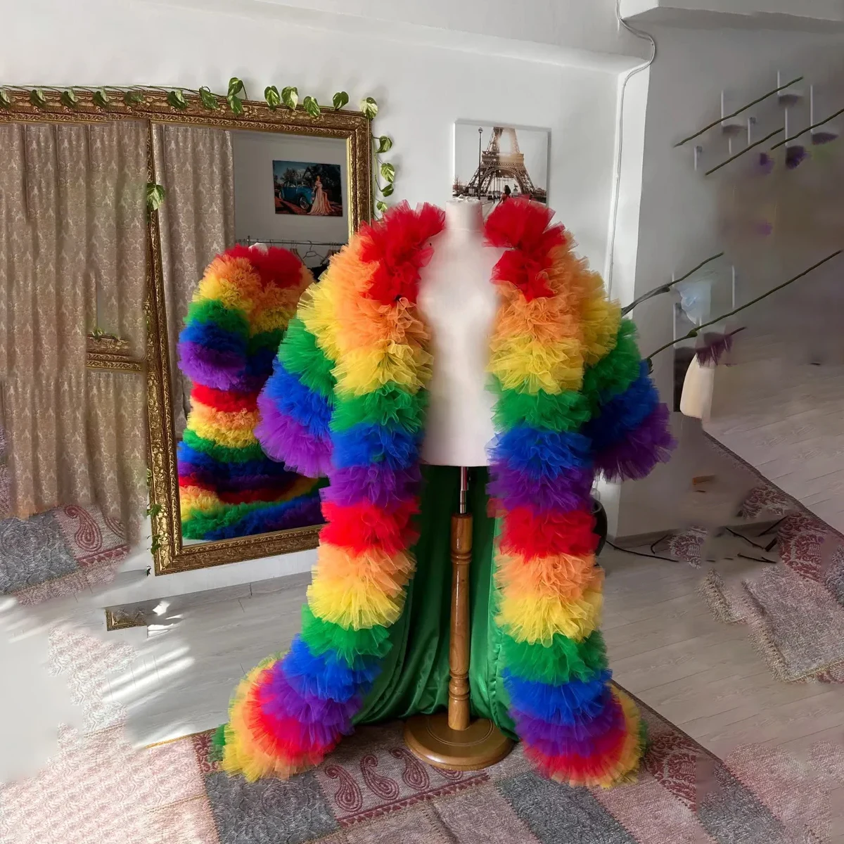 Exuberante arco-íris colorido tule jaquetas longas mulheres babados malha mangas inchadas arco-íris cor casaco festa quimono robes jaqueta em camadas