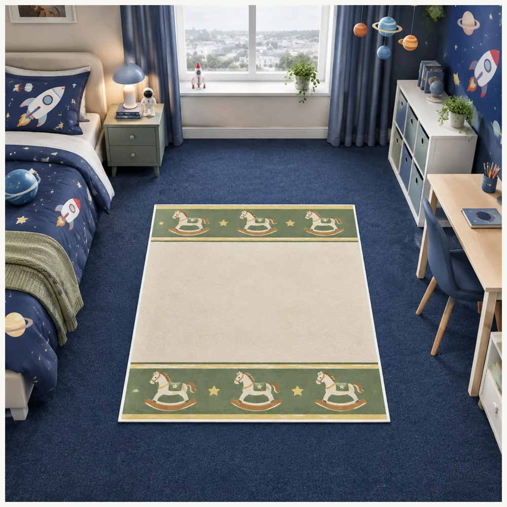 VIKAMA Kids Play Cream Yellow Green Rocking Horse Flannel Door Mat, Thickened Memory Foam Mat, Home Decor for Bedroom, Porch