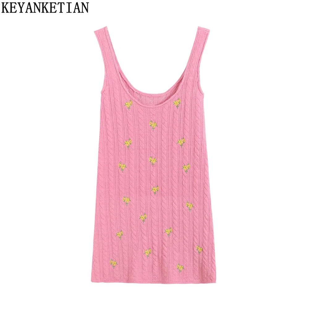 KEYANKETIAN Ladies Embroidered Knit Sling Dress Mujer Spring Autumn French Floral Embroidered Slim Fit Sleeveless Body Dress