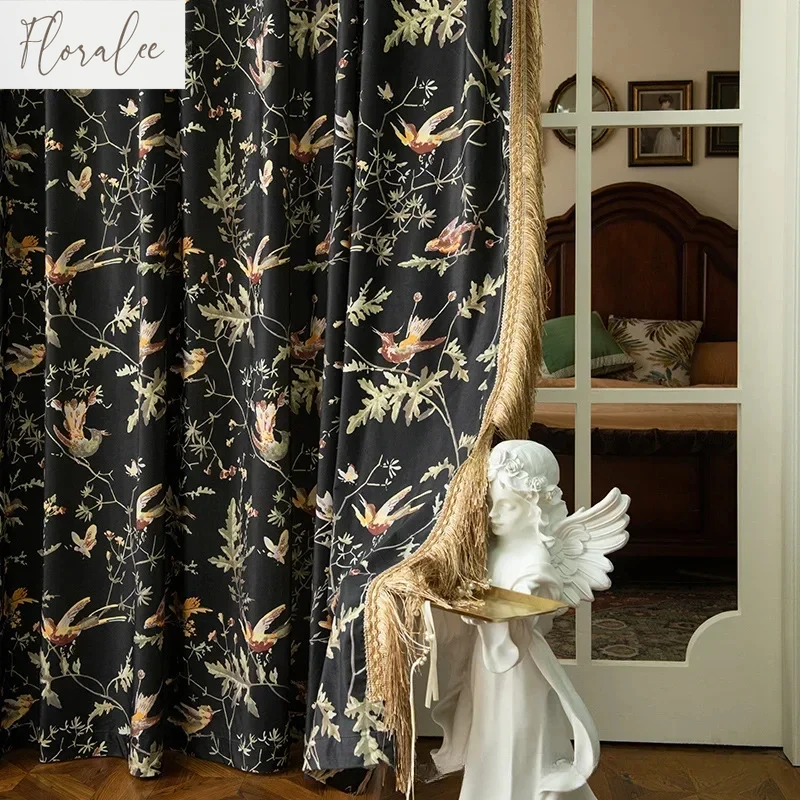 Custom New French Romantic Black Printed Curtains for Living Dining Room Bedroom Floating Window Decor Elegant Luxury Blackout