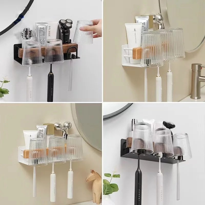 Toothbrush Holder Storage Organizer Wall Mounted Toothpaste Toothbrush Dispensers with Mouthwash Cup Bathroom Accessories