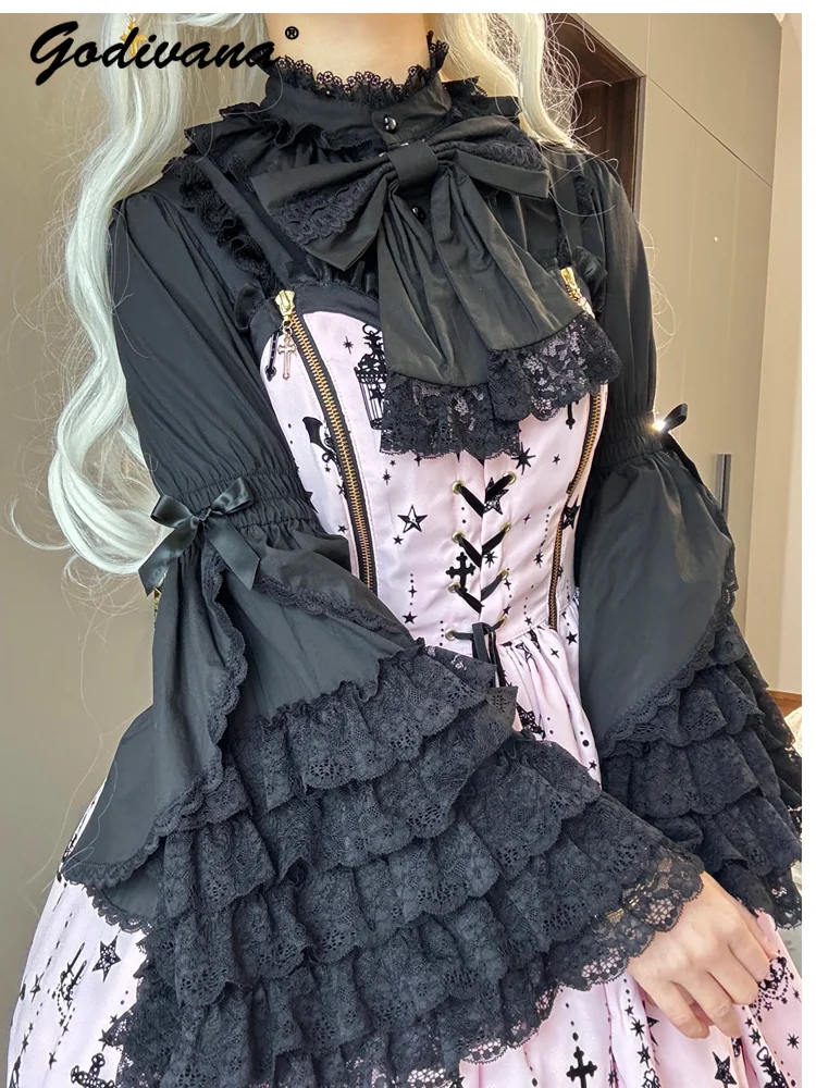 2025 ฤดูใบไม้ผลิใหม่ Original 100% Cotton STAND COLLAR Lolita ลูกไม้ Ji แขนเสื้อผีเสื้อหวานน่ารักสาวผู้หญิงเสื้อเสื้อ