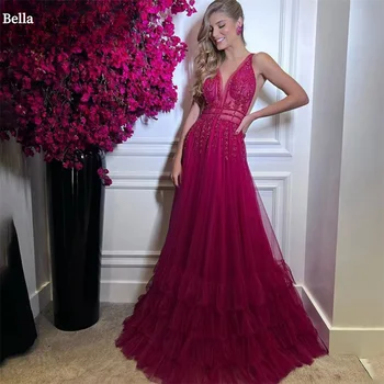 Bella fuşya V boyun tül elbiseler de soirée spagetti kayışı kat-uzunluk Hollow-out abiye kokteyl parti düğün elbisesi