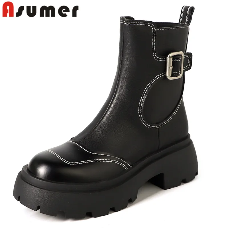 

ASUMER 2024 New Genuine Leather Zipper Ankle Boots Office Ladies Buckle Sewing Spring Boots Square High Heels Platform Shoes