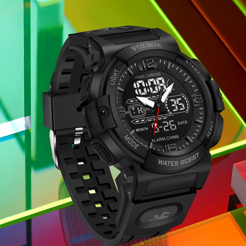 Novo foxbox relógio eletrônico masculino moda à prova dwaterproof água luminosa quartzo alarme semana casual esporte data automática duplo display digital relógios