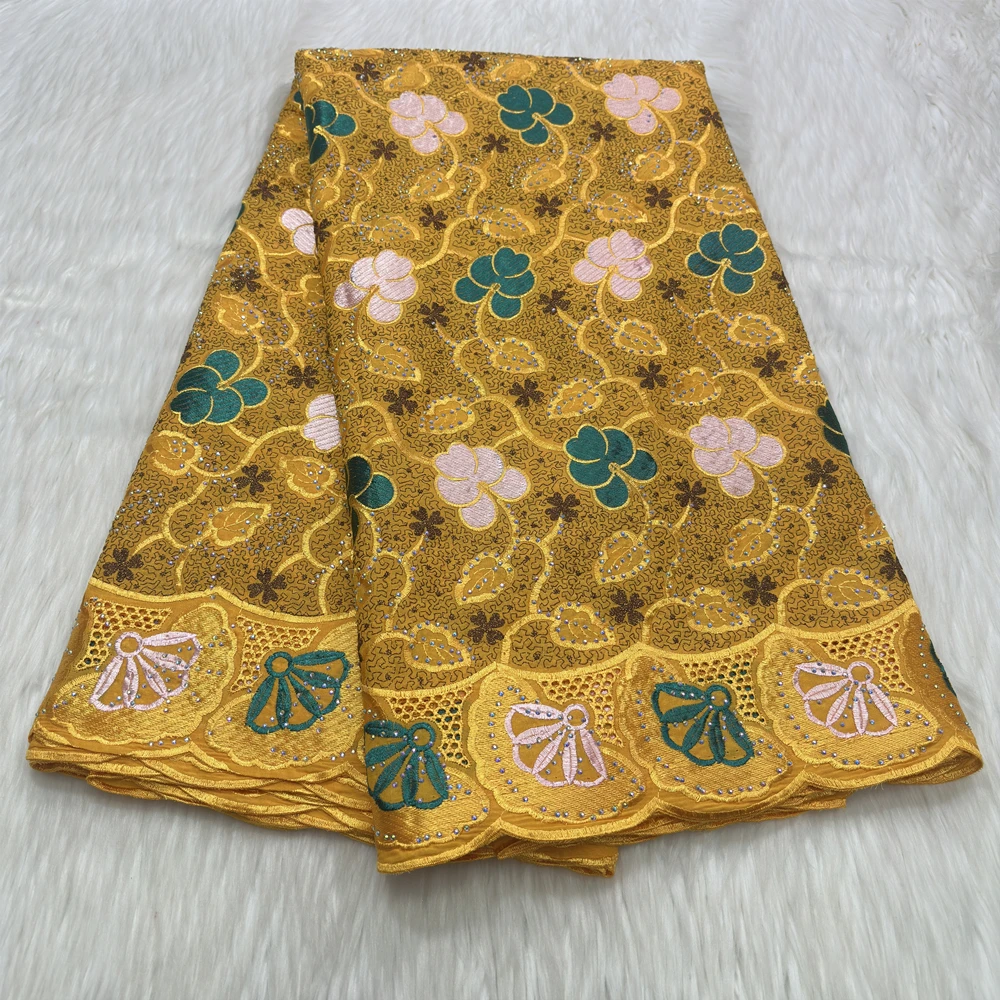 African Lace 100% Cotton Swiss Voile Embroidery With Stones Luxury Voile Lace Fabric Women DressMaterial 5 Yards