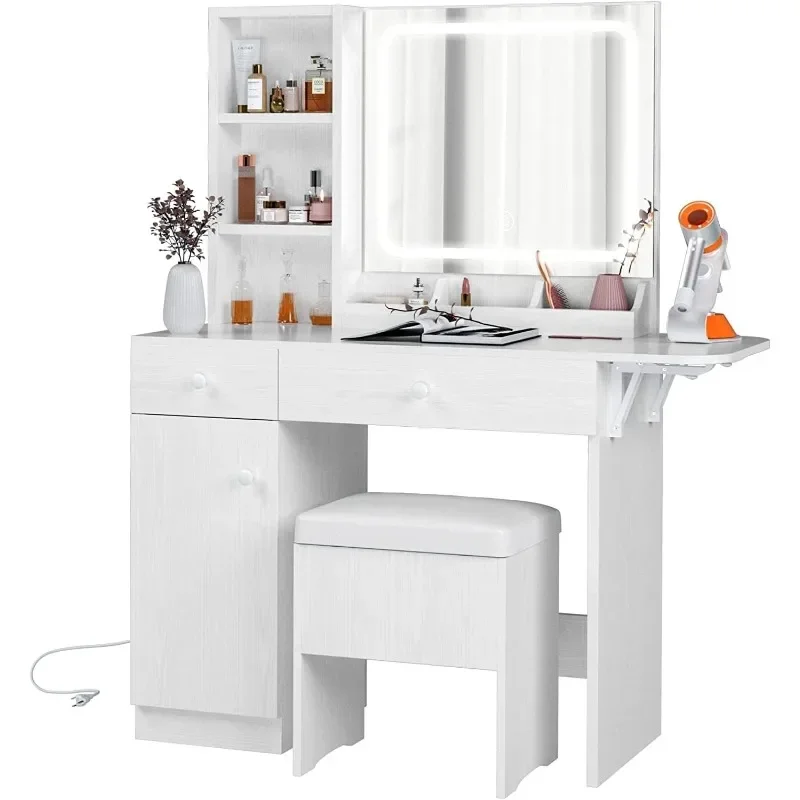 Vanity Desk with LED Lighted Mirror & Power Outlet, Makeup Table with Drawers & Cabinet