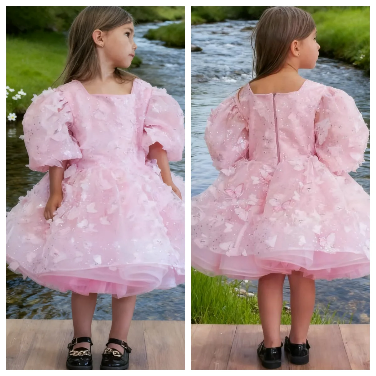 

Pink Girls Puffy Dress Kids Party Gown Bubble Sleeves Princess Dress Birthday Pageant Tutu Skirt Flower Girl Outfit Formal Wear