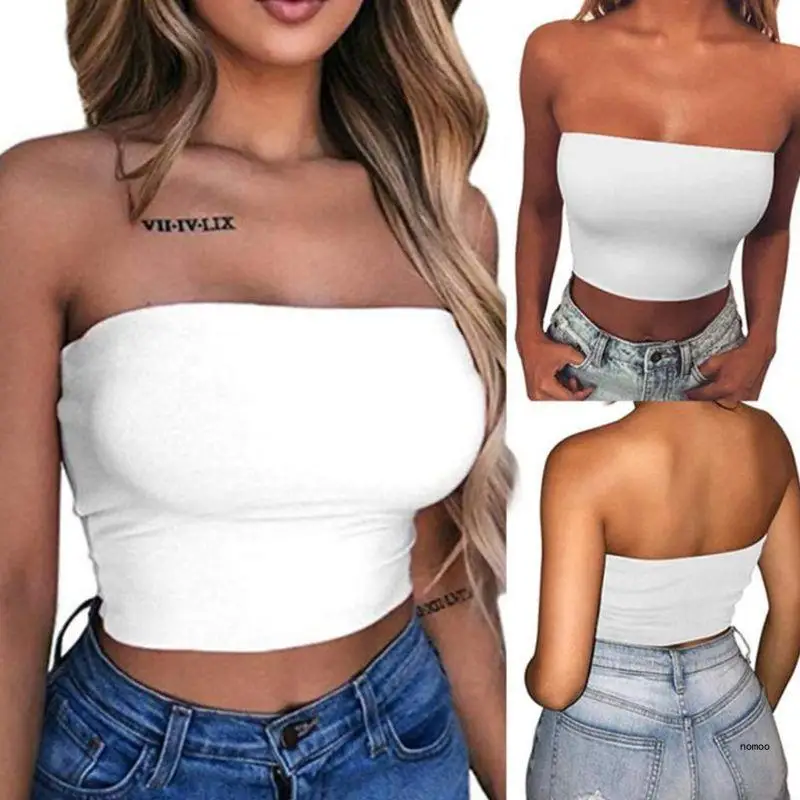 Womens Sexy Strapless Off Shoulder Crop Tube Top Solid Color Stretchy Bandeau