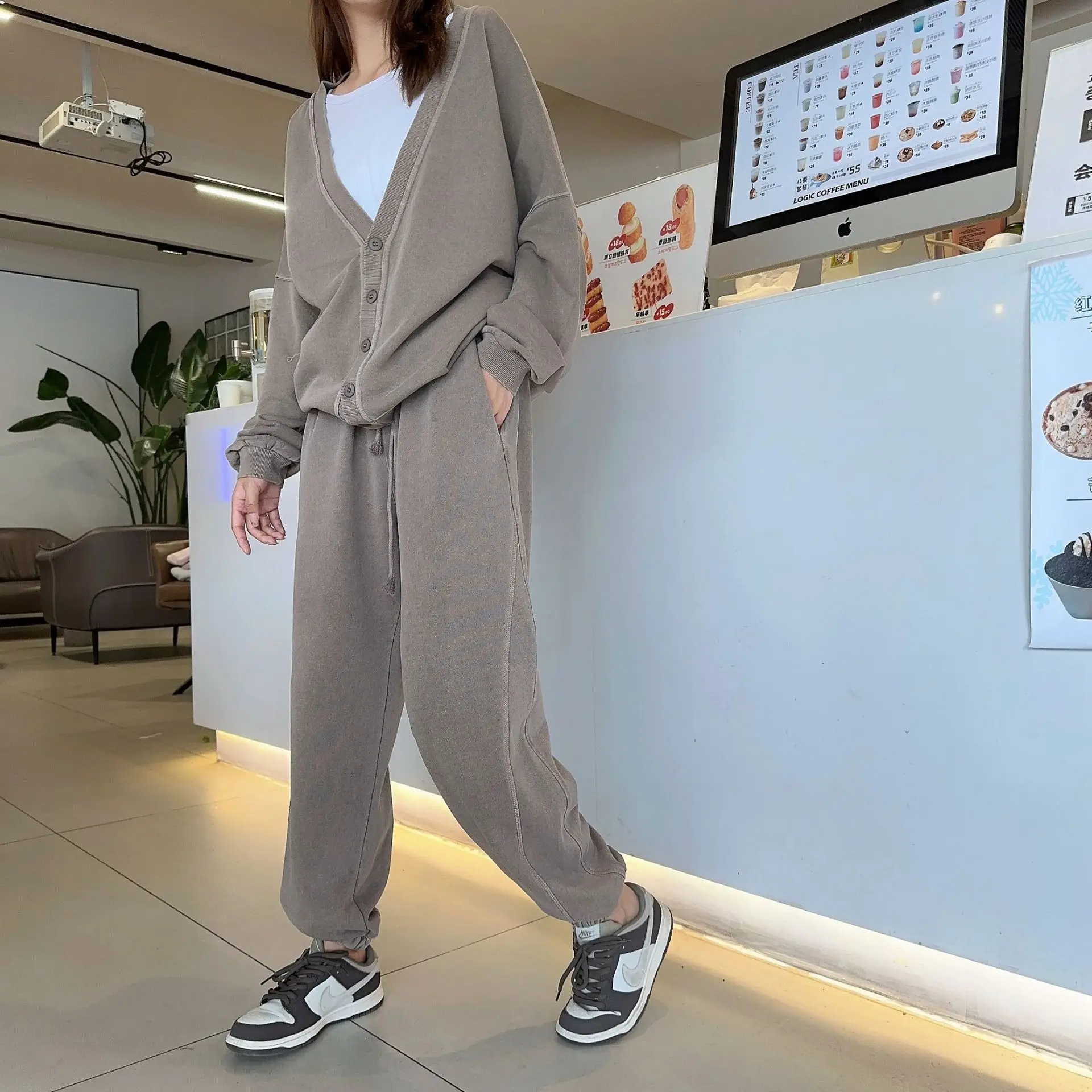 Faded Effect Casual Sweatshirt And Sweatpant 2 Pieces Set Woman V Neck Loose Basic Cardigan Coat Drawstring Sporty Jogger Pants