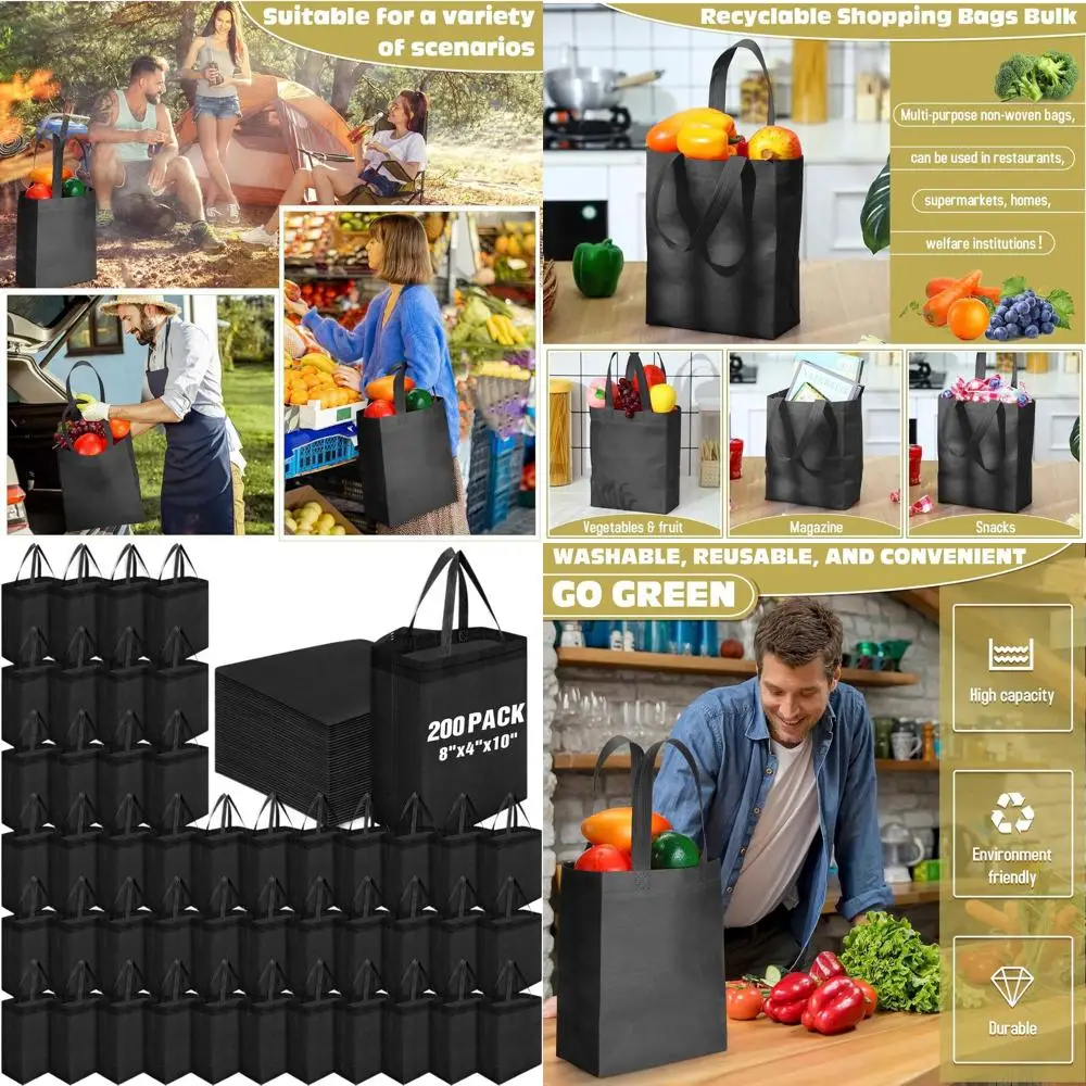 

Reusable Tote Bags - 200 Pack, 8x4x10 Inches, Non-Woven, with Handles, Black