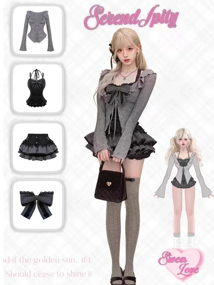 Autumn Japanese Sweet Lolita outfits 3 Piece Set Women Casual Knitted Cardigan+ Sexy Slim Lace Vest Tops+ High Waist Cake Skirt