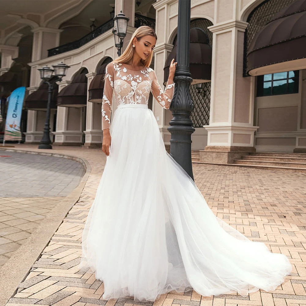 

Ivory Strapless Wedding Dresses with Lace Full Sleeve Bridal Gowns for Princess 2024 Summer Soft Tulle New Vestidos De Novia