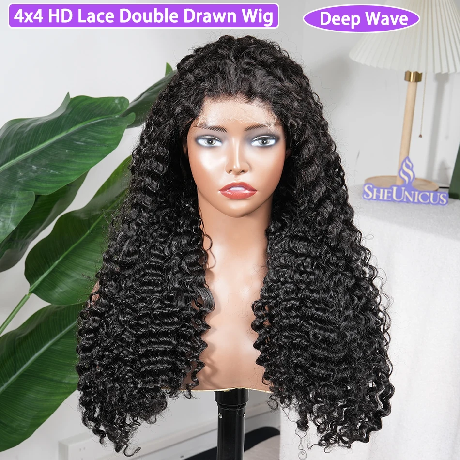 

Парики с закрытым ворсом 4x4 HD Lace из натуральных волос Double Drawn, глубокая волна # Натуральный черный парик 1B с 200% густотой, предварительно проработанной линией роста волос и осветленными узлами
