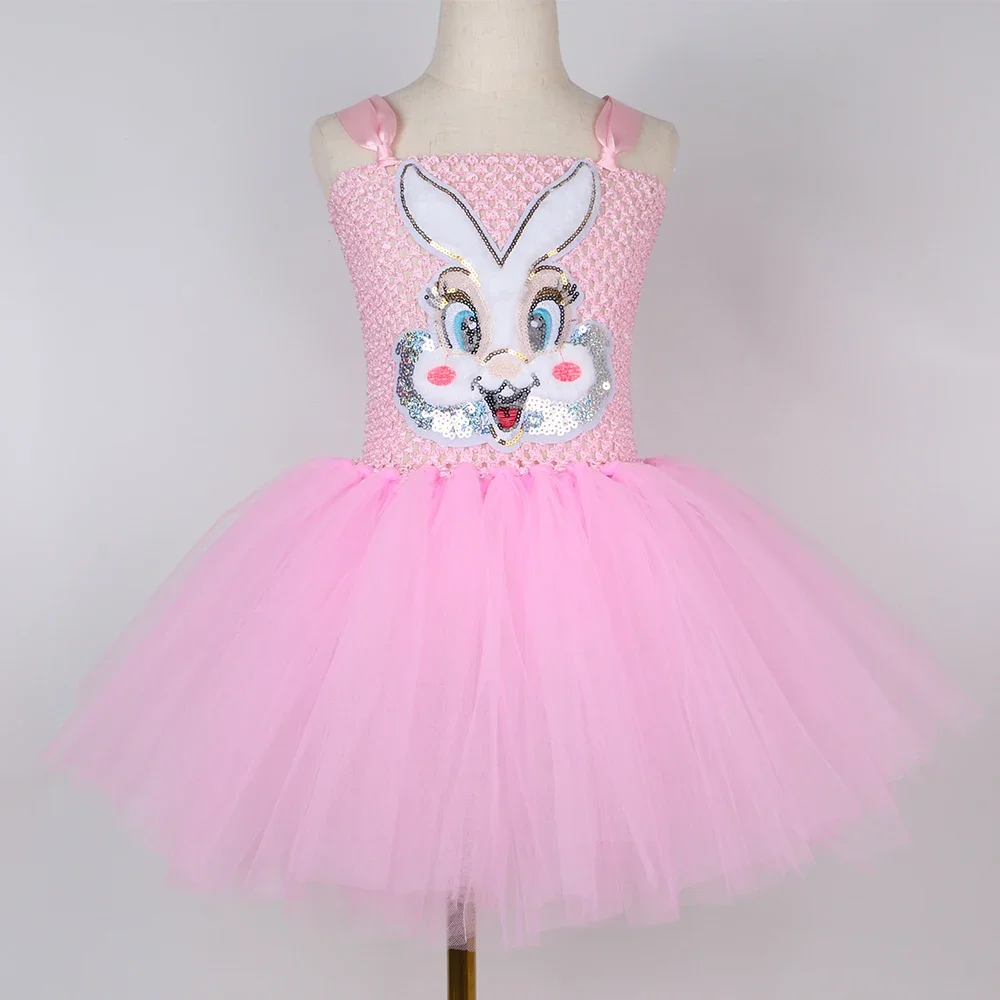 Girls Pink Easter Bunny Costume Kids Cute Animal Rabbit Tutu Dress Up Clothes Toddler Girl Halloween Birthday Party Tulle Dress