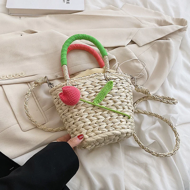 New Bohemian Summer Straw Female Crossbody Bag Fashion Tulip Knit Handbag Designer Bucket Women's Shoulder Bag Shopper Purse