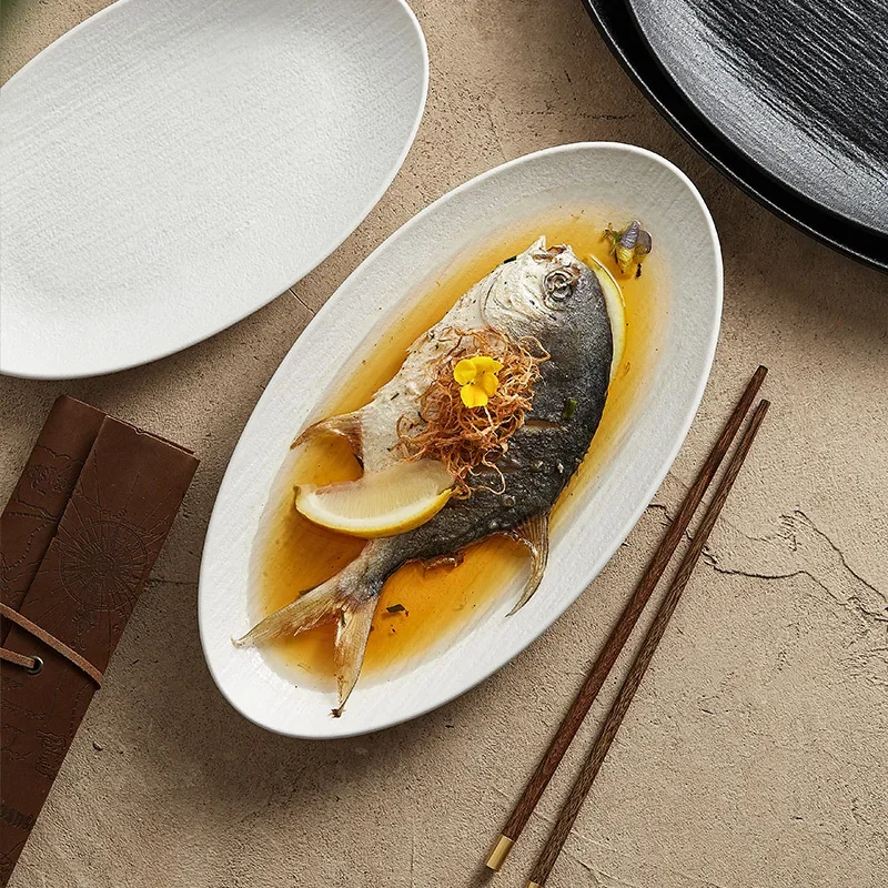 

Deep Fish Plate Household Steamed Platter Bowl Light Luxury High-Grade Tableware High Temperature Resistant Dish