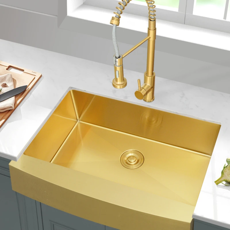 

304 stainless steel gold European and American style kitchen sink with large single slot semi embedded under the counter basin