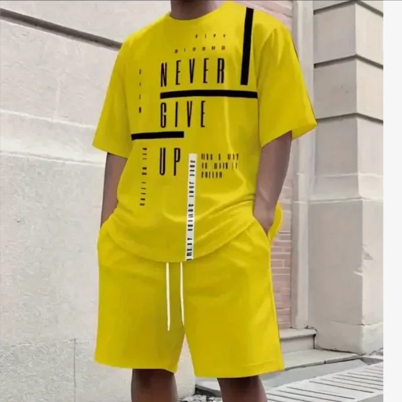 

Летний хит продаж: мужской комплект из шорт и футболки с принтом «Never Give Up», повседневный, для активного отдыха, из тонкого полиэстера.