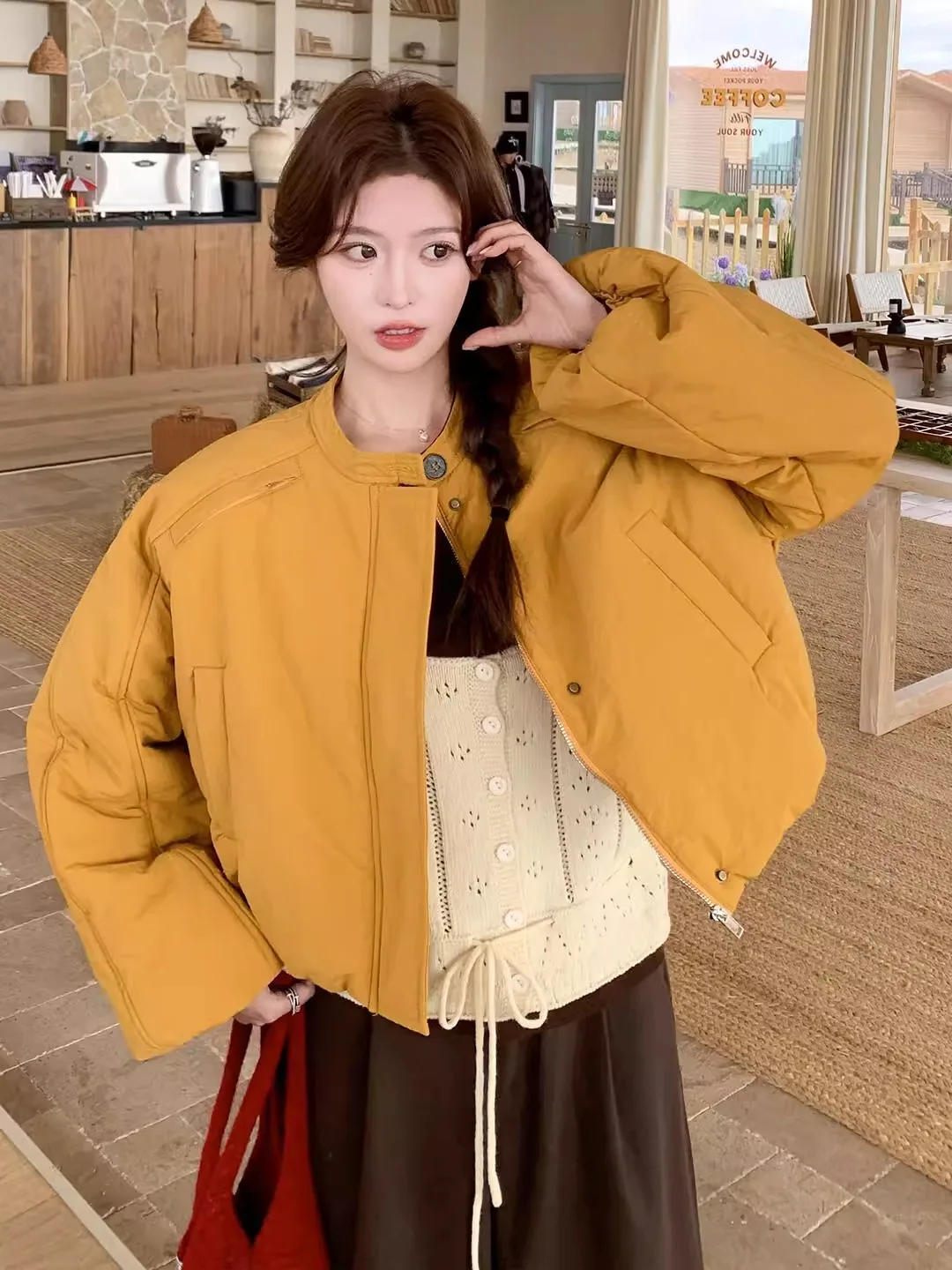 

Свободная повседневная женская куртка с длинными рукавами и круглым вырезом из хлопка, утепленная, из полиэстеровой ткани, укороченная, на молнии