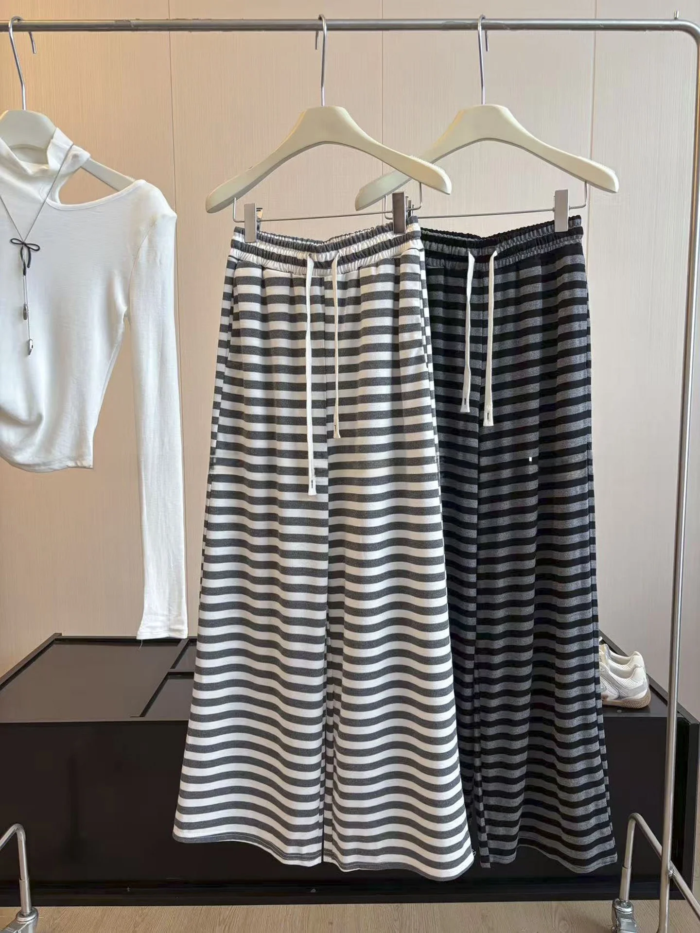 DIYI High Waist Draped Lazy Pants Striped Leisure Trousers Autumn Women's Fashion Wide Leg Commute Style Polyester Fiber
