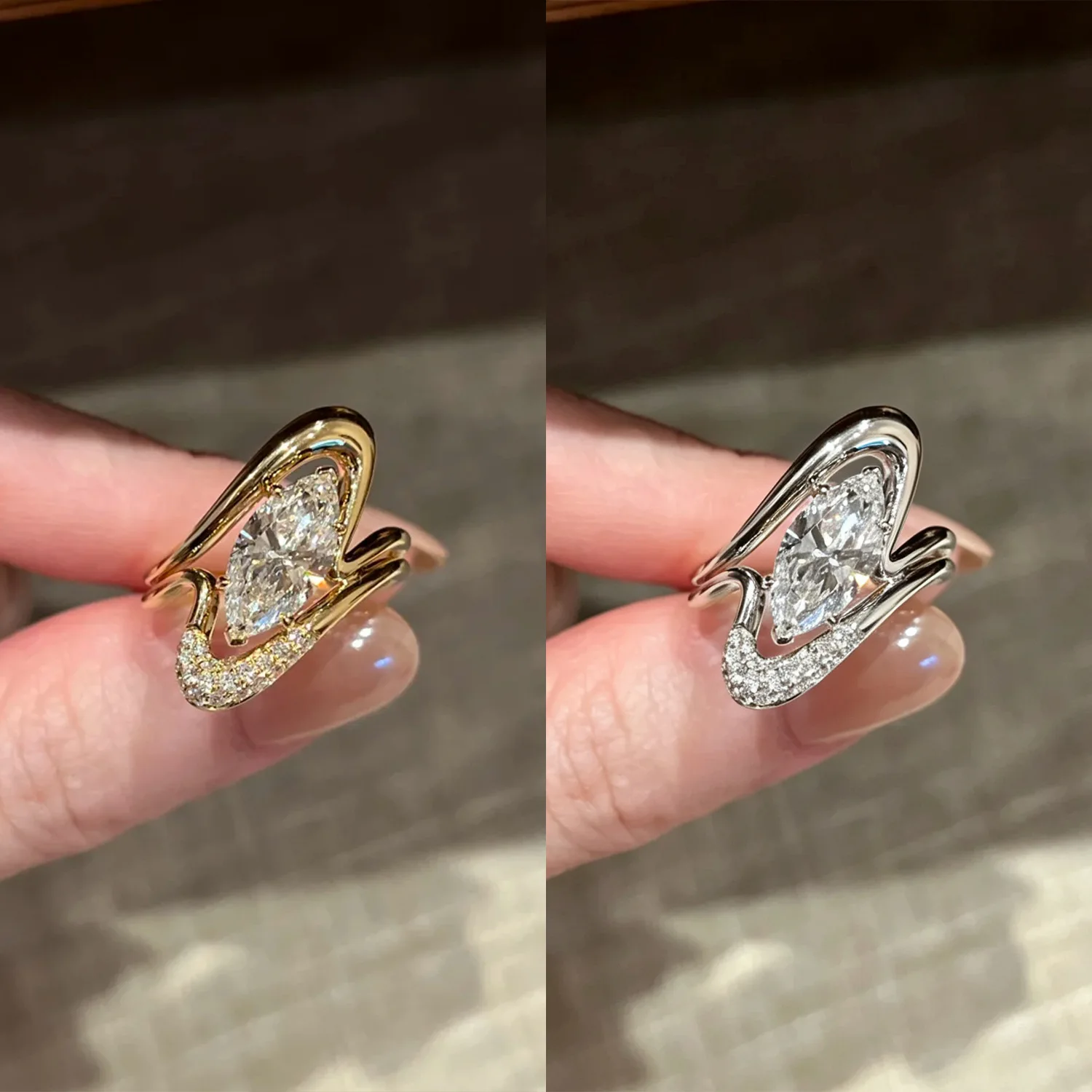 Luxury Marquise Cut Zircon Ring for Women Unique Wavy Split Shank Micro Pave CZ Ring Engagement Anniversary Finger Jewelry Gift