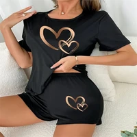 Cross Border European American Casual Simple Printed Short Sleeved Shorts Pajama Set Women's Round Neck Short Sleeved Top Shorts