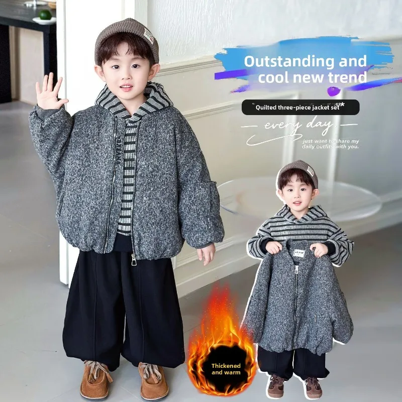 

Флисовая куртка для мальчиков, комплект из трех предметов, осень-зима 2022, новый детский комплект свитеров, утепленная детская одежда с подкладкой