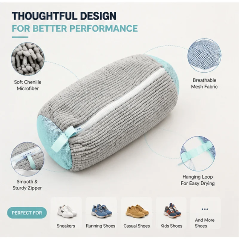 360 Surround Fluffy Fiber Sneaker Protection Pouches, 6Pcs Gray Zipper Anti-scuff Wash Bags For Household Shoe Care - view 6