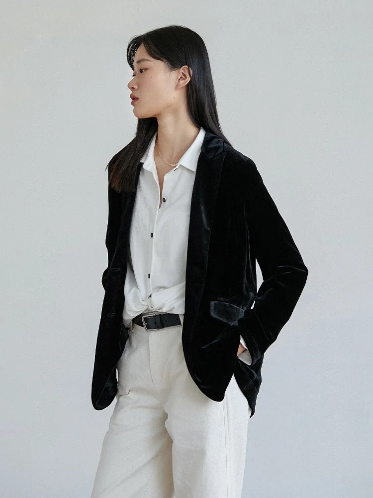 

Velvet Suit Women's Spring New Sle Drapey Quali Small Batch High-End Bla Suit Travel Original Product Commute Sle But...