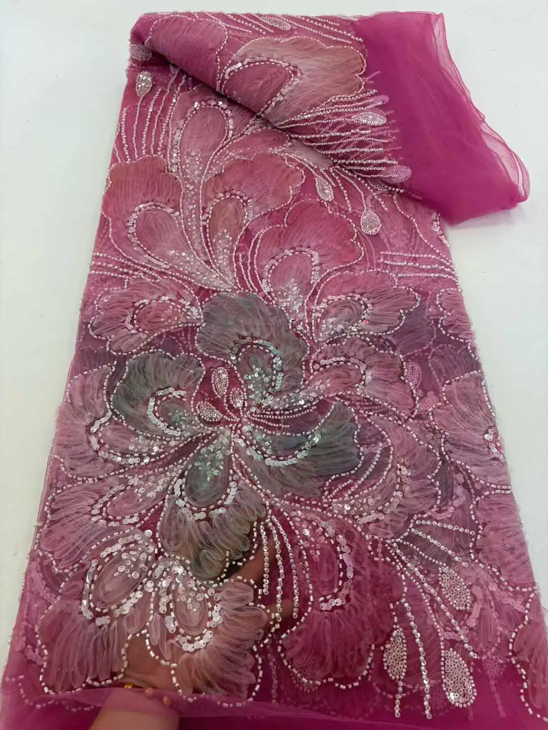 African Fabric Fashion 2025 Hot Sale 3D Embroidery Sequins Lace with Beads Rich Nigerian Fabric for Evening Party Dress SZ1729