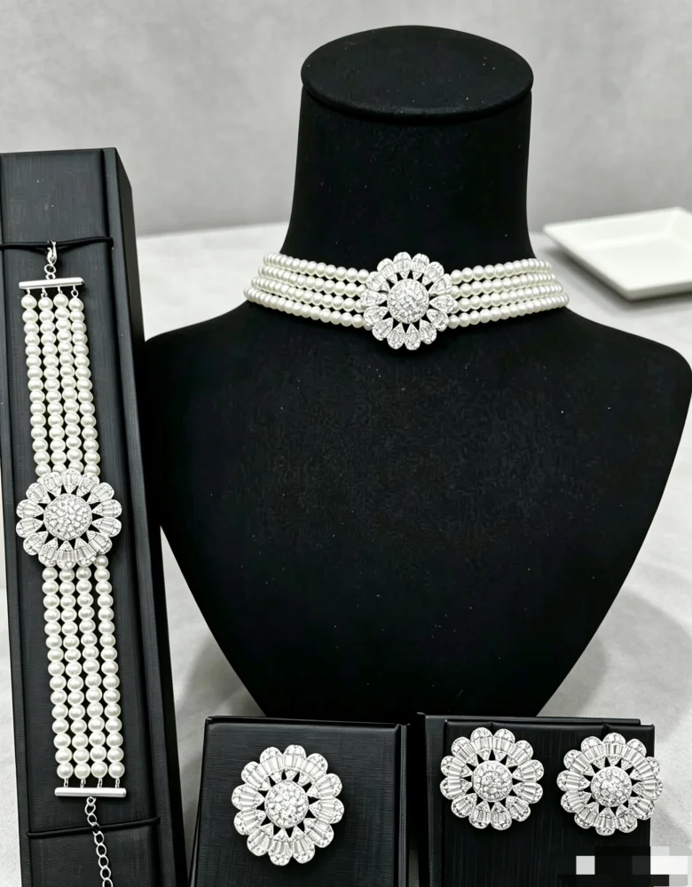 Falair High-End Gold Plated Copper Artificial Pearls Zircon Women Jewelry Set Necklace Earrings Bracelet Ring Gift Accessory Set