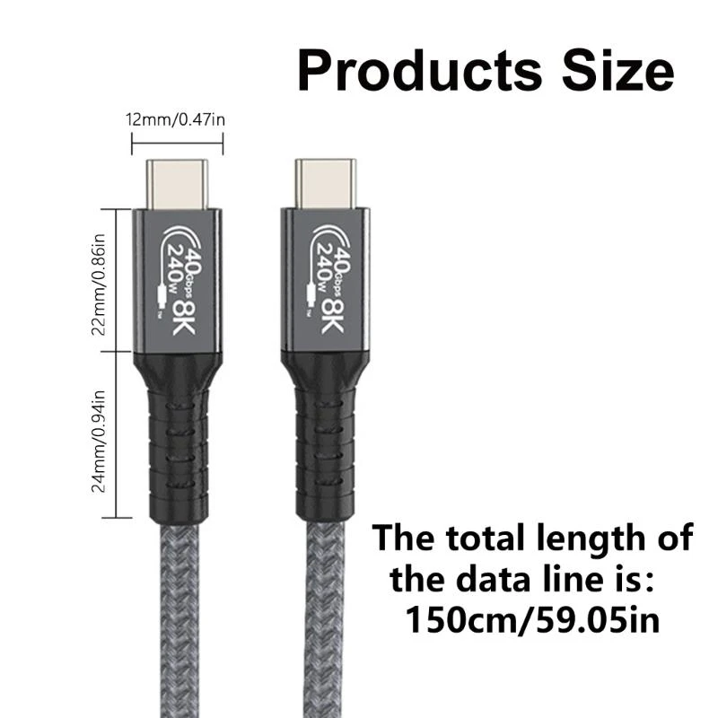 USB4 Cable 240W Fast Charging 40Gbps Data Transfer 8K@60Hz Video Display USB C to USB C Braided Cord for Smartphone