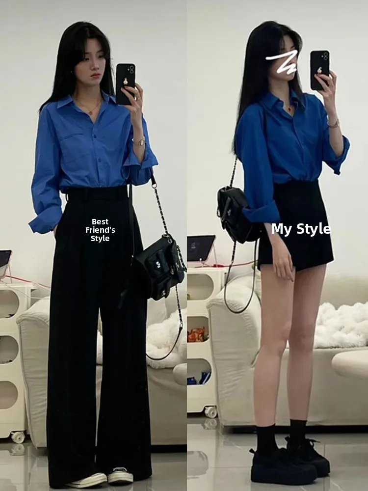 

Women's Spring Large Size Shirt And Wide Leg Pants Two Piece Set Slimming Versatile High Waist Korean Style Commute Fashion