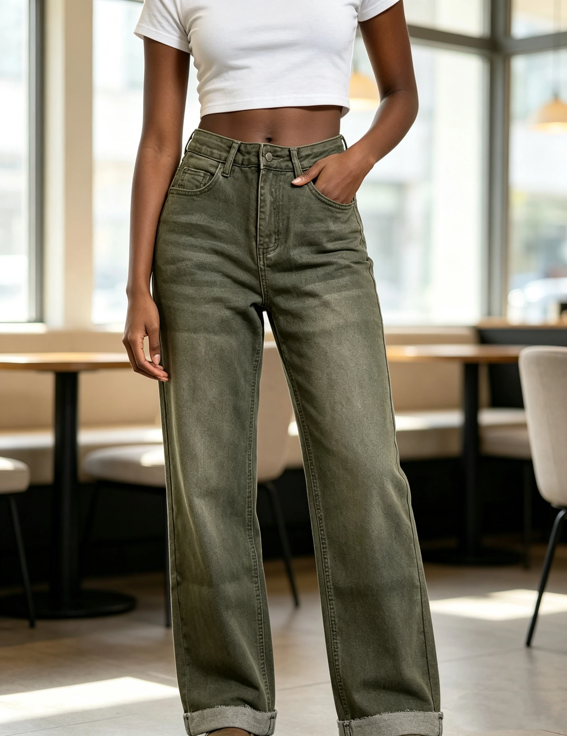 Spring Autumn Army Green American Vintage High Waist Wide Leg Jeans Women Loose Slimming Straight Floor-length Pants New Arrival