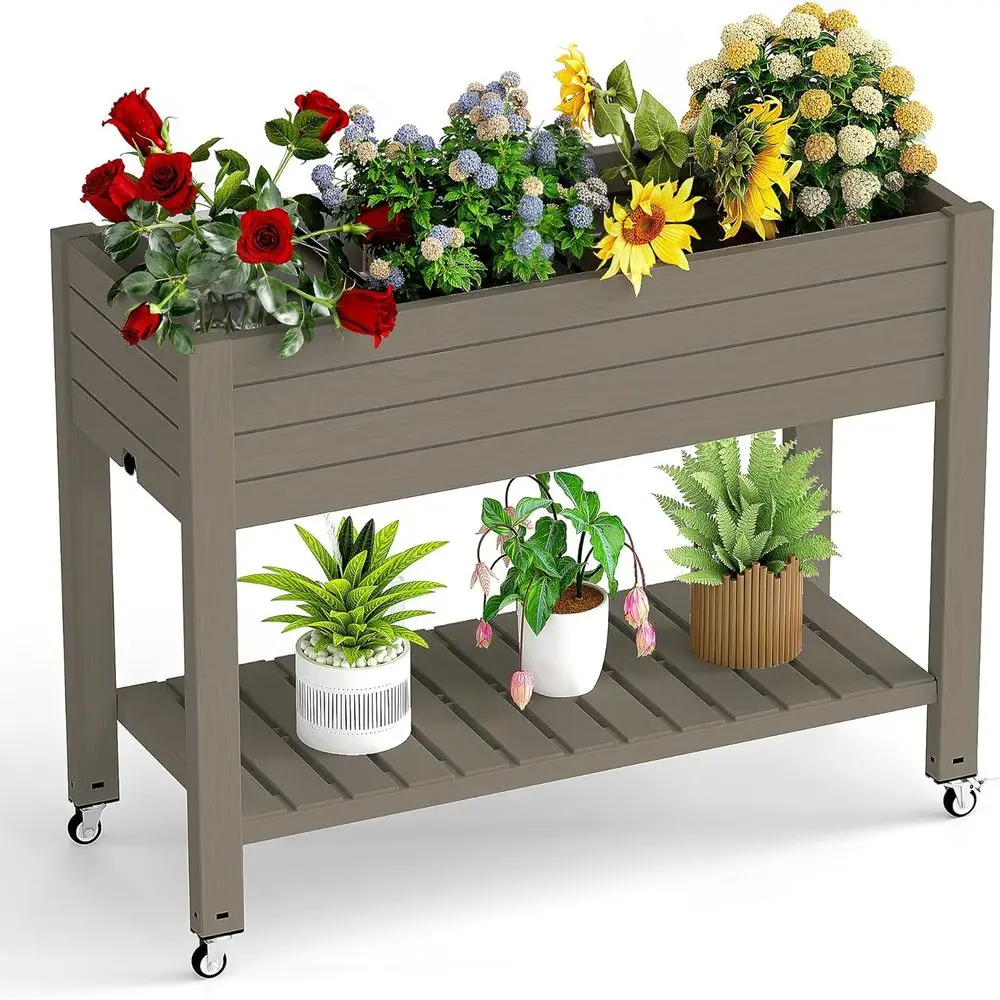 

Переносная уличная садовая грядка из полимерной смолы на колесах, большая кашпо для патио, с дренажем, идеально подходит для овощей и фруктов (серый, 43.31)