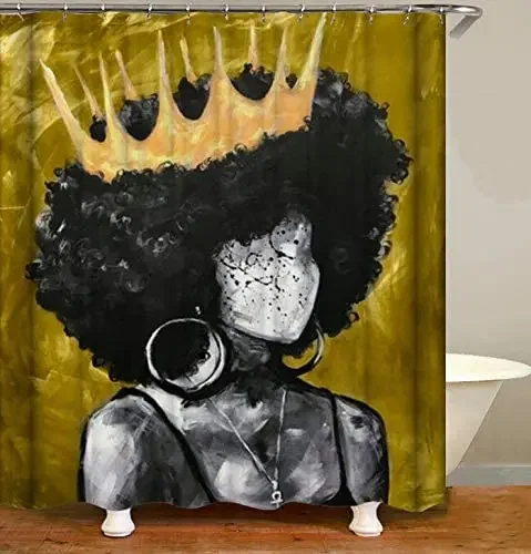 Crown Black Girl Art African King American Women Girl with Crown Waterproof Bath Curtains