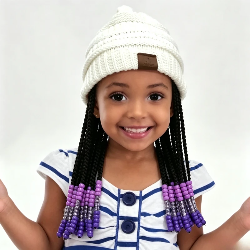 Girls White Knitted Beanie with Synthetic Box Braids, Color Gradient Bead Tassel Wig Hat, Warm Winter Kids Winter Hair Accessory