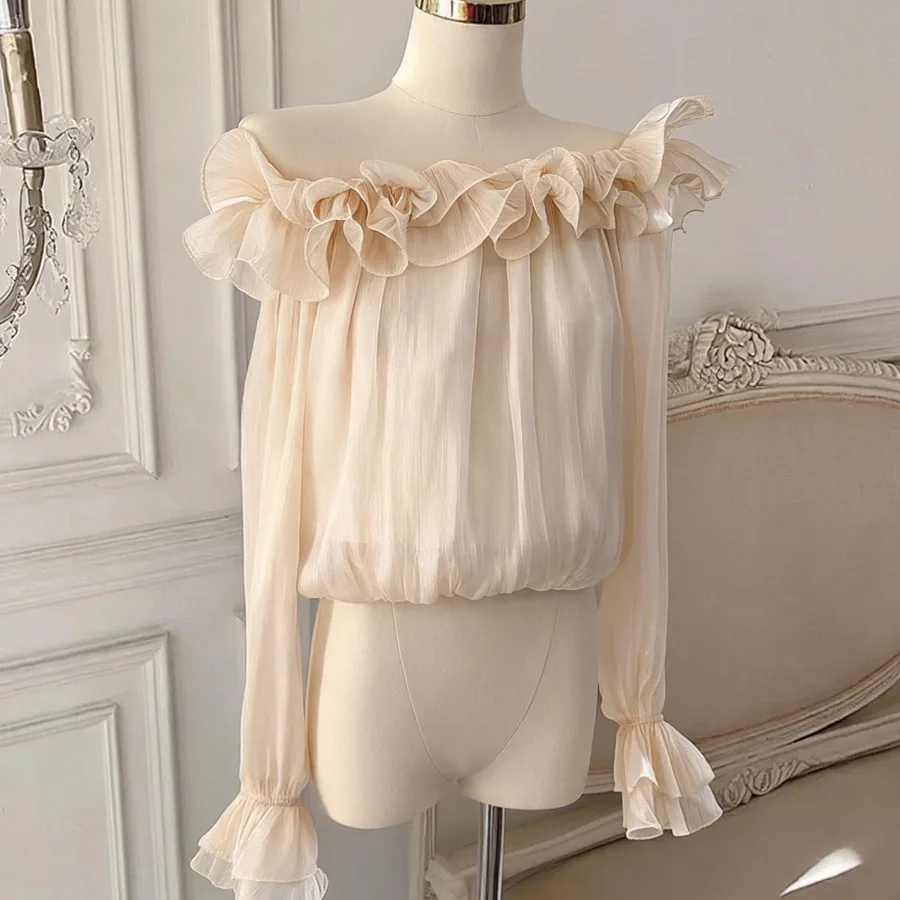 Fashionable Sweet One-Shoulder 3D Lace Trim Fairy Long Sleeve Chiffon Top Small Shirt Korean Style Bell Sleeve Regular Length