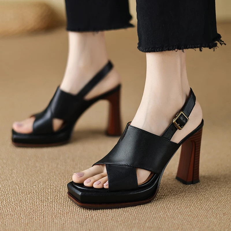 【JOCHEBED HU】Handmade Genuine Leather Summer One-button Thick Open Toe Sexy Professional High Heels Temperament Female Sandals