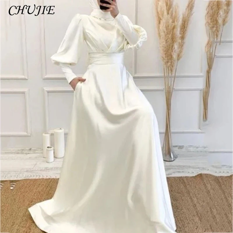 Simple A-Line Robe De Mariée Muslim Wedding Dresses Satin Elegant High Neck Lantern Sleeves Bridal Gowns For Bride فساتين زفاف