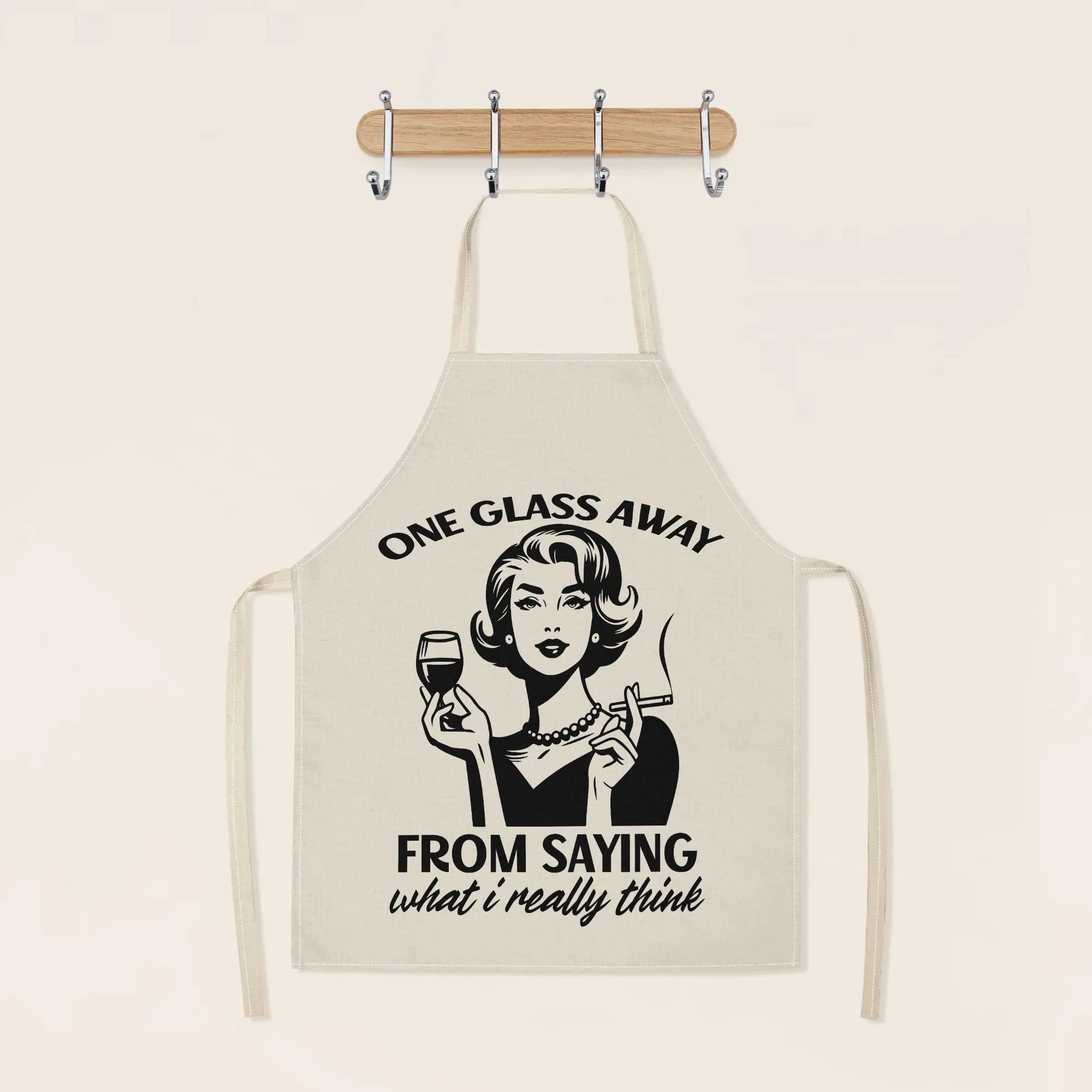 Funny Apron For Women Kitchen Cooking Baking Gift One Glass Away Saying What I Really Think Retro Wine Lover Humor Linen Apron