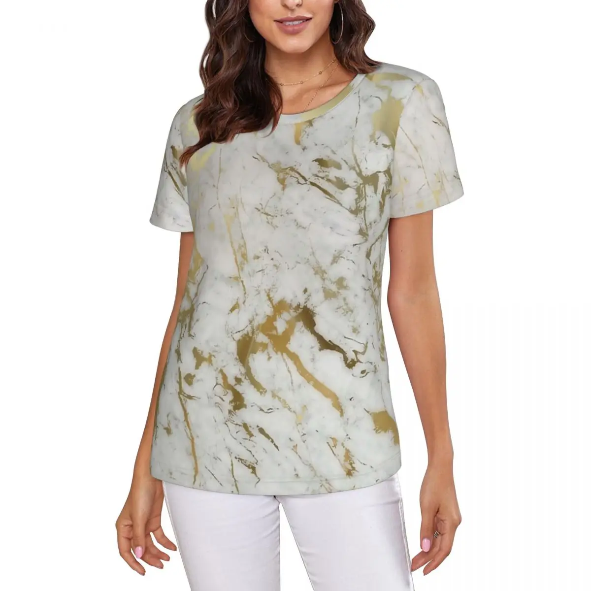 Gold Marble On White T-Shirt Women Short Sleeve T Shirts Crew Neck Clothes Cotton Summer Tees Streetwear