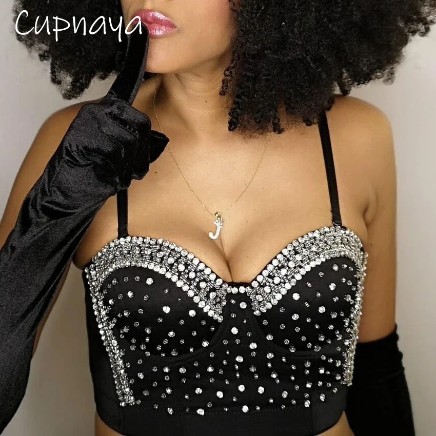 Cupnaya Diamante Decor Women Crop Top Sexy Ladies Spandex Spaghatti Strap Clubwear Bustier Cami Short Corset Vest Tanks Black