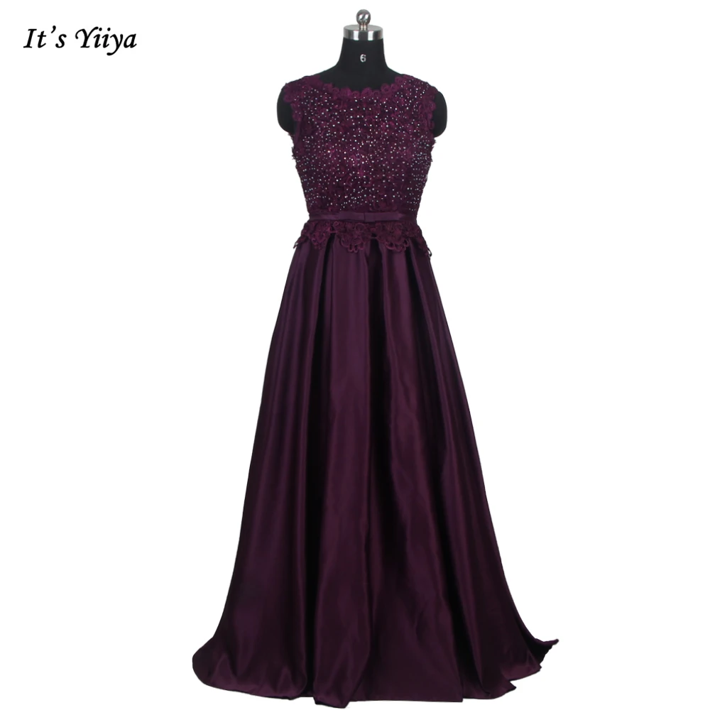 

It's Yiiya Evening Dress Purple Cystal O-neck Sleeveless Lace up Satin A-line Floor Length Plus size Women Party Dresses LX160