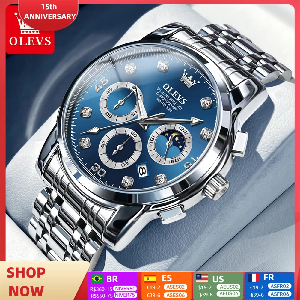 OLEVS 2889 Quartz Men's Watches Moon phase Waterproof Stainless Steel man watch Classic Business Chronograph Luminous Wristwatch