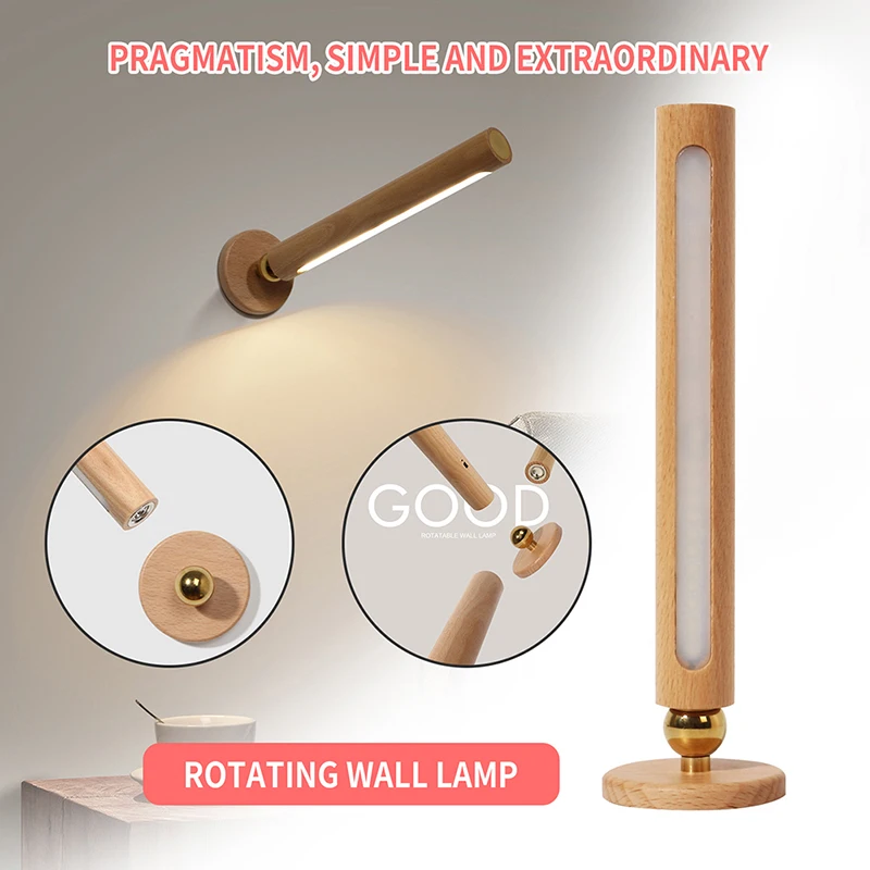 

Деревянный магнитный светильник, светодиодный перезаряжаемый USB-ночник, вращающийся на 360° настенный настольный светильник с регулируемой яркостью для гардероба, шкафа, спальни