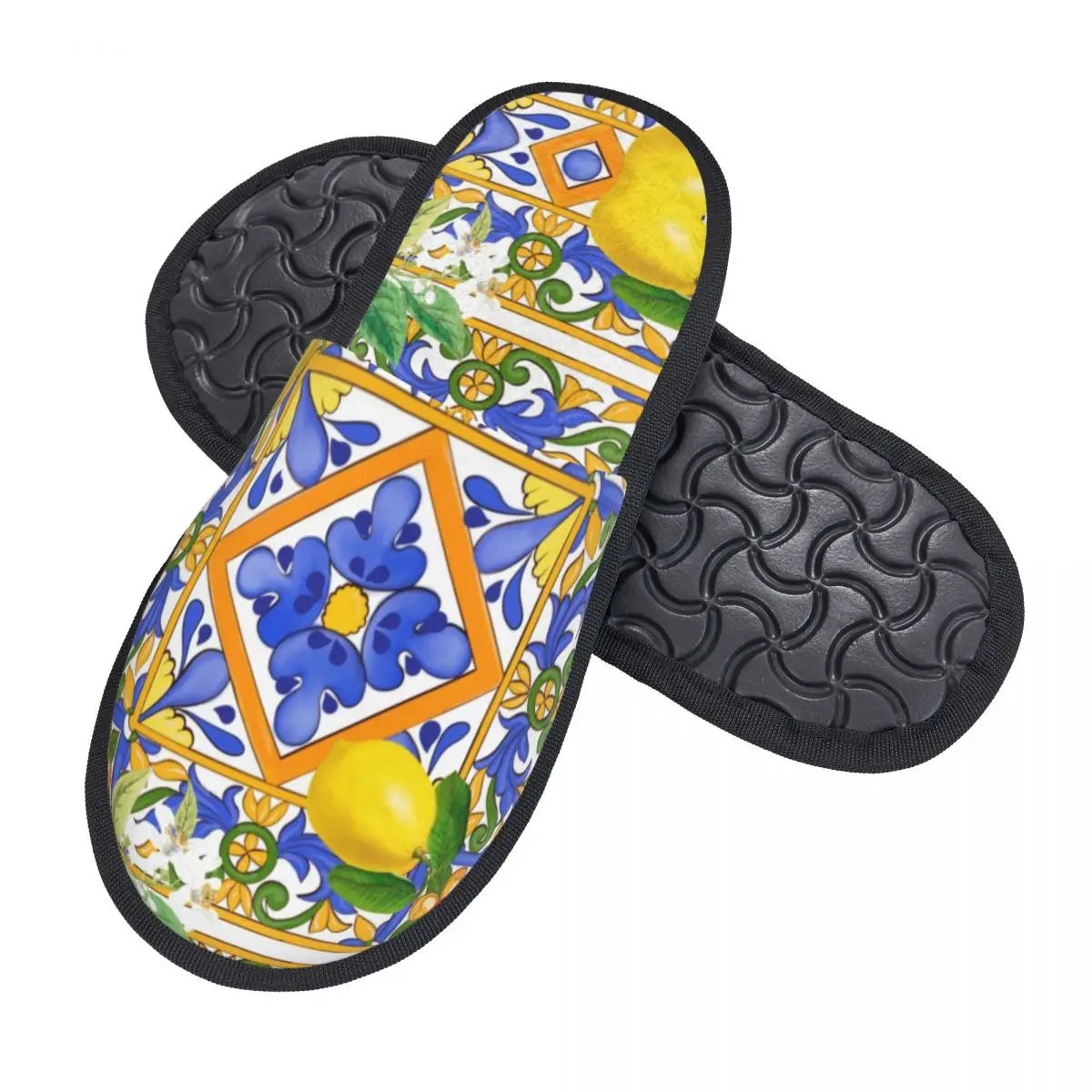 Custom Mediterranean Summer Fruit Lemons Tiles Memory Foam Slippers Women Comfy Warm House Slippers